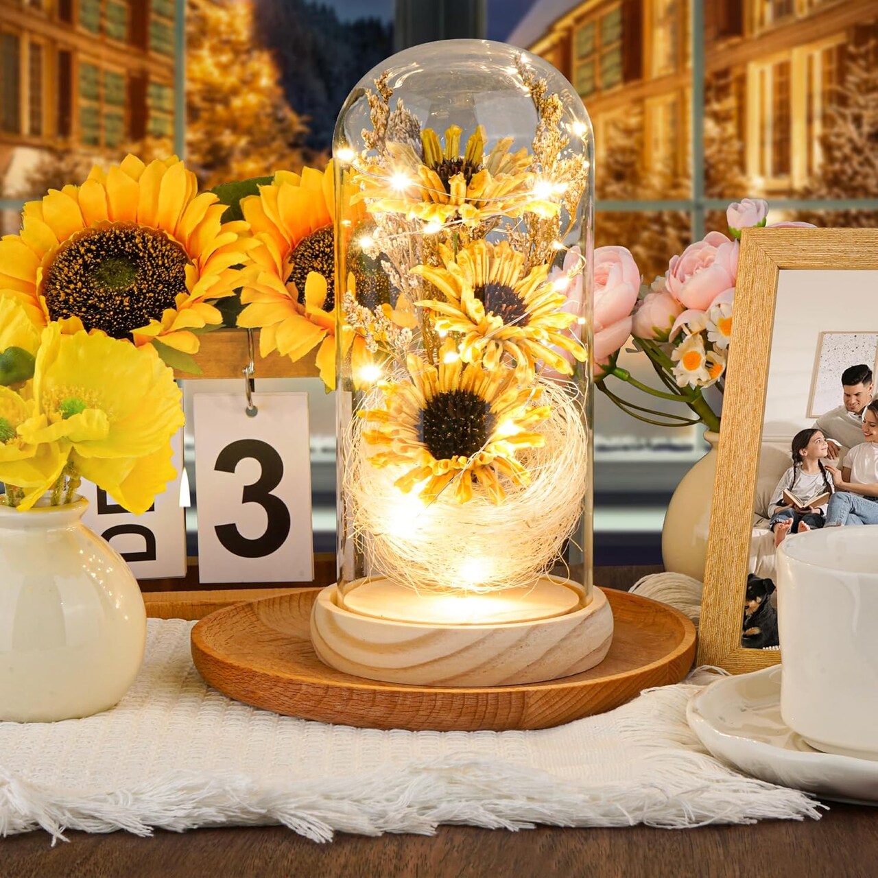 Artificial Sunflower in Glass Dome with LED Lights, Sunflower Gift for Women, Mom, Grandma, Birthday/Mother's Day/Home Decor - Thoughtful Keepsake Present for Anniversary
